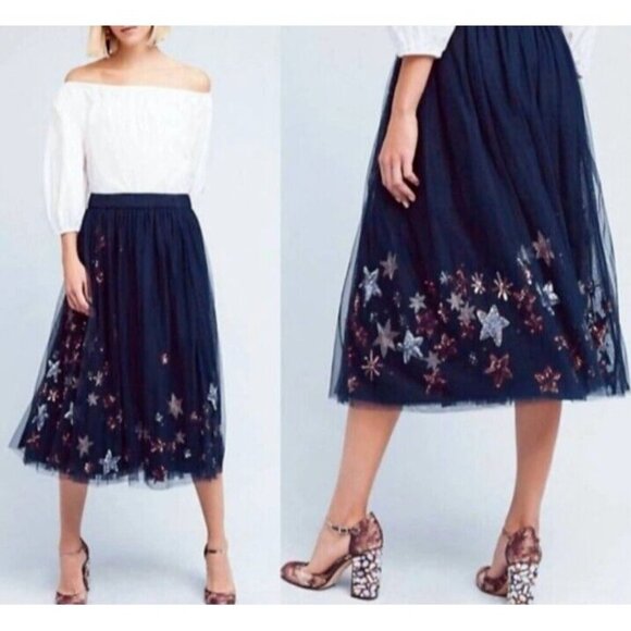 Reserved Navy Mesh Floral Embroidered Midi Skirt S Romantic Tulle Flash Sale - Picture 14 of 14